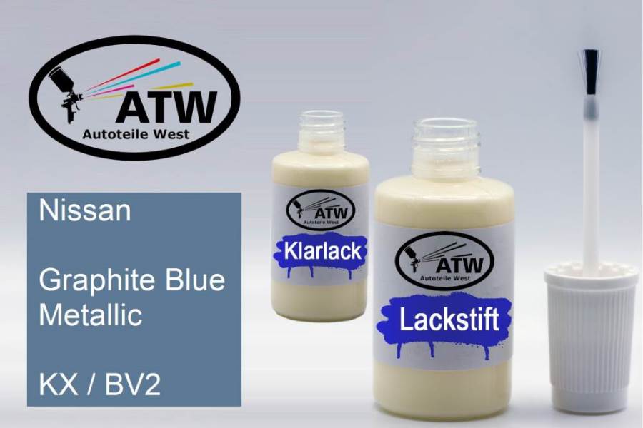 Nissan, Graphite Blue Metallic, KX / BV2: 20ml Lackstift + 20ml Klarlack - Set, von ATW Autoteile West.